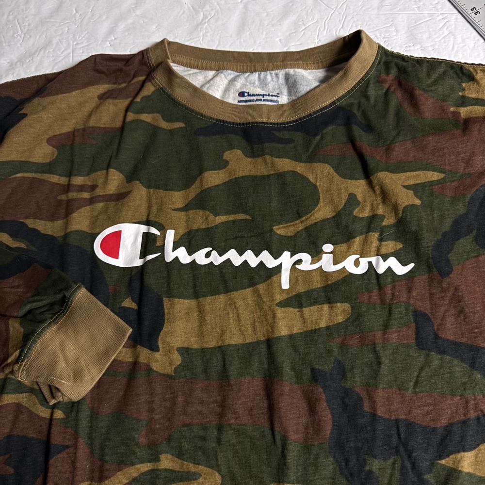 Champion Mens 3XL Camo Long Sleeve T-Shirt Script Logo Woodland Camouflage Tee